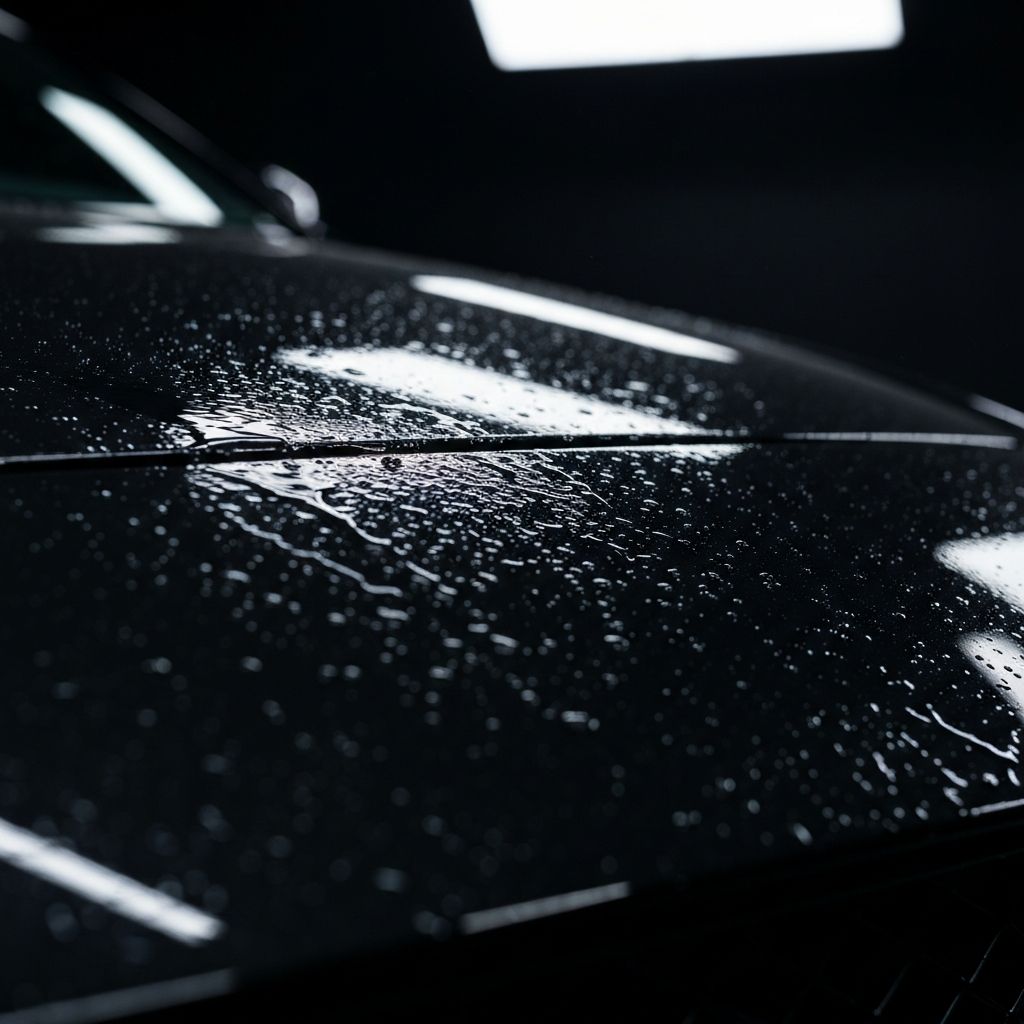 Ceramic coating application showing hydrophobic water beading effect