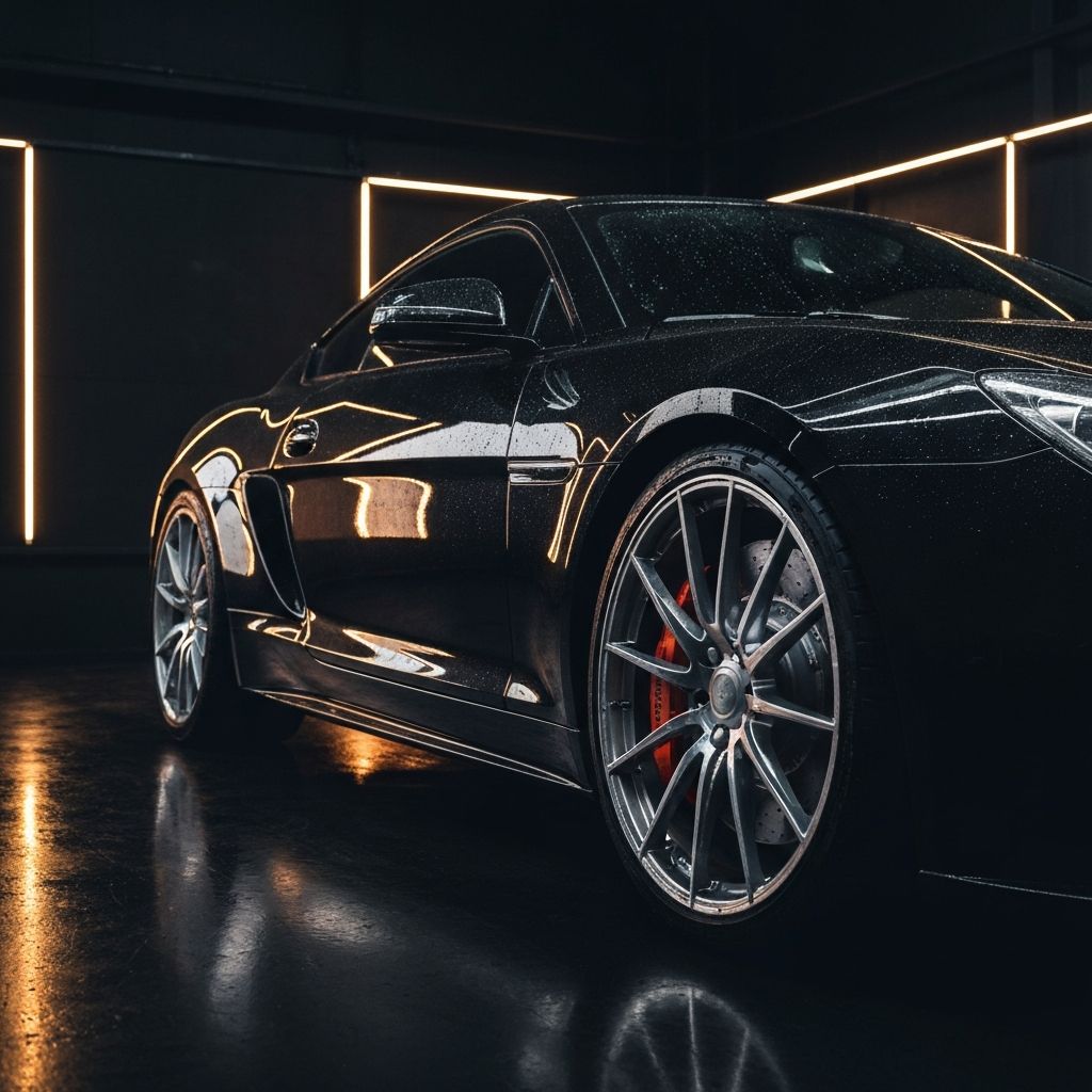 Premium luxury car with glossy finish in a professional detailing studio
